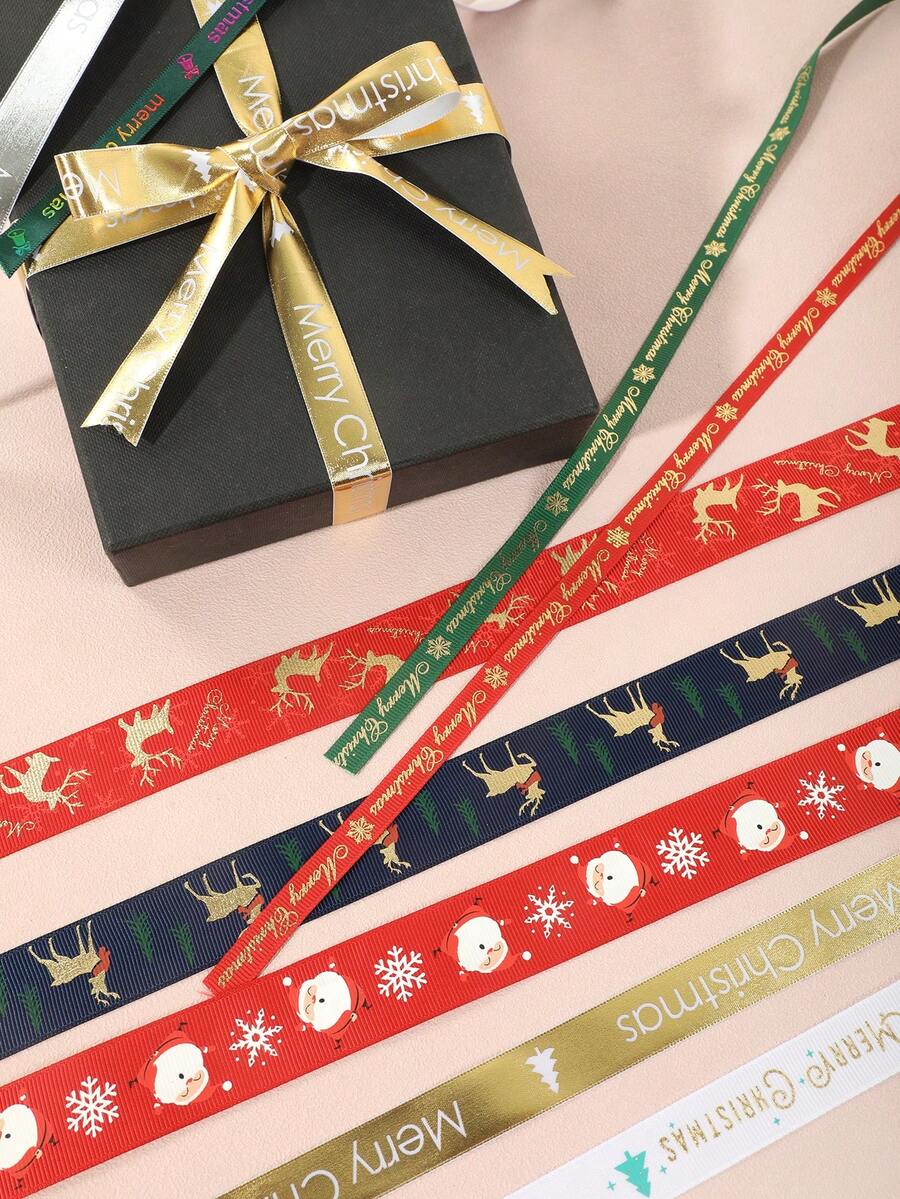 1入組5碼2.5cm寬聖誕鹿和樹紋樣設計白色絲帶,適用於聖誕派對禮物包裝 - 藏蓝色 - 查看 1