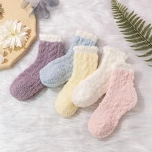 3-5 Pairs Kids Coral Fleece Solid Color All-Match Crew Socks - Multicolor - View 1
