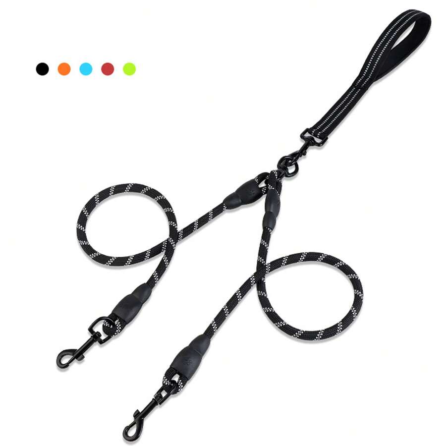 1pc Diving Fabric Dog Leash With Double Heads For Two Dogs, With Detachable Webbing Strip, Anti-Tangle Pet Product For Teddy And Golden Retriever - Black - View 1