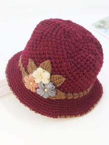 優雅花卉鉤織漏斗帽花編織盆帽女式秋冬季輕便保暖漏斗帽波西米亞風格 - 酒紅色 - 查看 7