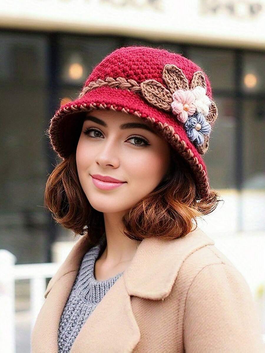 優雅花卉鉤織漏斗帽花編織盆帽女式秋冬季輕便保暖漏斗帽波西米亞風格