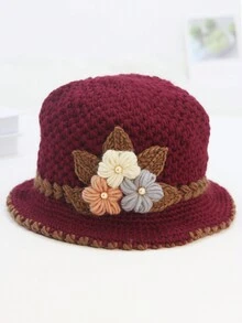 優雅花卉鉤織漏斗帽花編織盆帽女式秋冬季輕便保暖漏斗帽波西米亞風格 - 酒紅色 - 查看 4