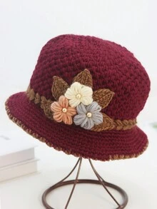 優雅花卉鉤織漏斗帽花編織盆帽女式秋冬季輕便保暖漏斗帽波西米亞風格 - 酒紅色 - 查看 6