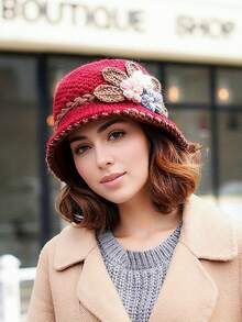 優雅花卉鉤織漏斗帽花編織盆帽女式秋冬季輕便保暖漏斗帽波西米亞風格 - 酒紅色 - 查看 3