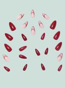 24 Piezas Uñas Postizas En Forma De Almendra, Color Rojo Navideño Con Líneas Sobrias Y Diseño De Estilo Francés Clásico, Ideal Para Fiestas Y Uso Diario - Rojo - Ver 6