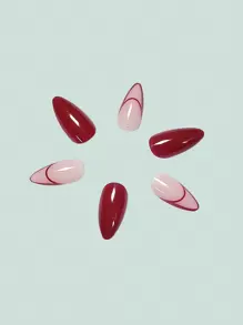 24 Piezas Uñas Postizas En Forma De Almendra, Color Rojo Navideño Con Líneas Sobrias Y Diseño De Estilo Francés Clásico, Ideal Para Fiestas Y Uso Diario - Rojo - Ver 7