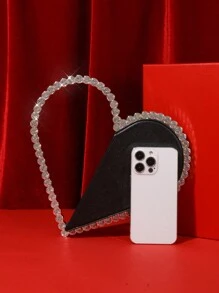 女士时尚心形手包，镶有水钻，适合晚会、舞会、情人节 - 黑色 - 查看 3