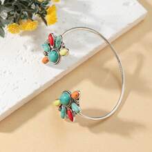 1入組左右對稱的蝴蝶形古銀&古銅掛綠松石開口手環,波西米亞風格女性珠寶