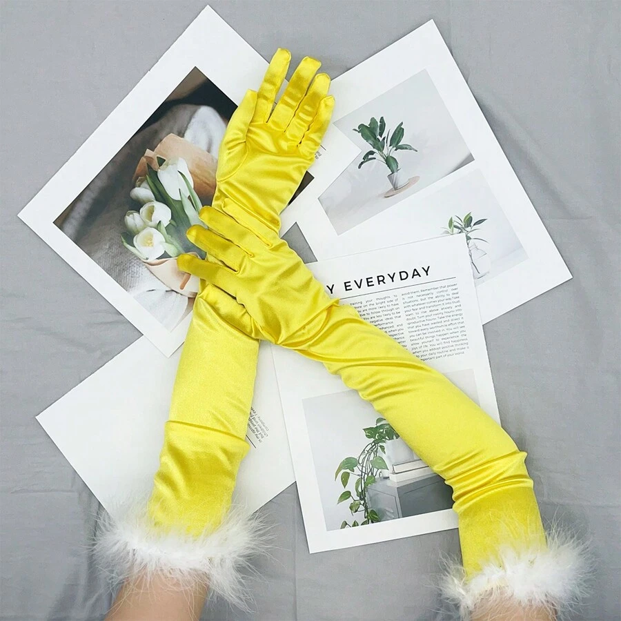1對時尚高端黃色觸摸屏絨面加厚長紗手套,適用於聖誕派對、舞會和節日配飾 - 黃色 - 查看 1