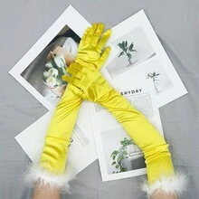 1對時尚高端黃色觸摸屏絨面加厚長紗手套,適用於聖誕派對、舞會和節日配飾 - 黃色 - 查看 2