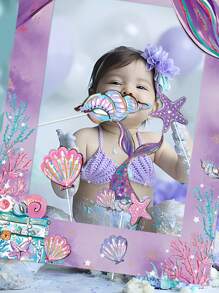 1套紫色美人魚圖案紙質相框生日派對照片道具相框，海星，海螺，貝殼圖案裝飾相框 - 紫色 - 查看 5