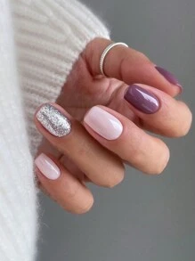 24pcs Short Ballerina Shape & Solid Color & Glitter Nail Set, Reusable Fake Nails To Enhance Your Beauty, Suitable For Daily Wear - Multicolor - View 1