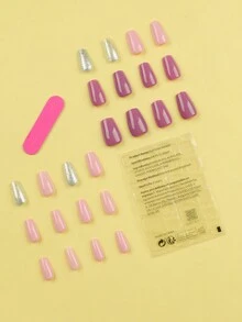 24pcs Short Ballerina Shape & Solid Color & Glitter Nail Set, Reusable Fake Nails To Enhance Your Beauty, Suitable For Daily Wear - Multicolor - View 2
