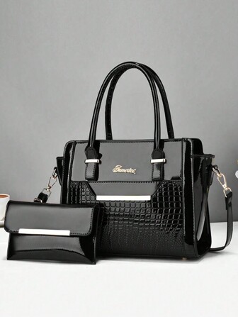 2pcs/Set Fashionable Handbag Set, Glossy Leather Letter Embossed Tote Bag And Large Capacity Crocodile Pattern Shoulder Bag, Suitable For Daily Use And Parties, Day Gifts, Mom Gifts, 's Essentials, Bag Shopping, Holiday, Back To School Bags, Waterproof, White-Collar Workers, Work, Business, Commute, Holiday