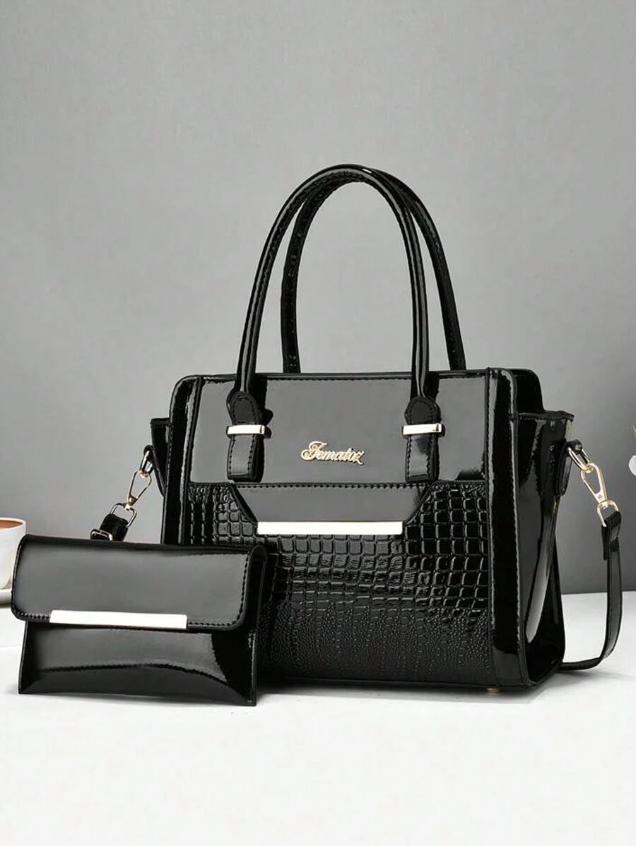 2 pièces Ensemble assorti de sac à main à la mode, design de lettres embossées, sac à bandoulière grande capacité, convient pour un usage quotidien et les rassemblements, sac fourre-tout, cadeau de vacances, fête des mères, Noël - Noir - Voir 1