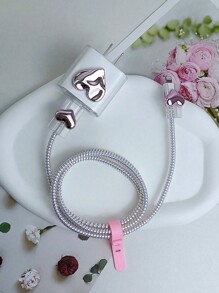 6pcs 3D Pink Heart Shaped Apple Charger Protective Covers And Cable Organizer For Charging And Data Cables