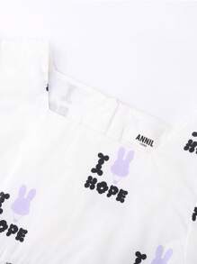 Annil Tween Girl Dresses Summer Skin-Friendly Cute Bunny Letter Printed Square Neck Short Sleeve Dresses White