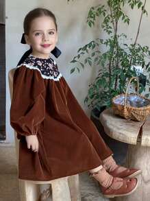 Young Girl Velvet Dress With College Style Design For Autumn - Coffee Brown - View 1