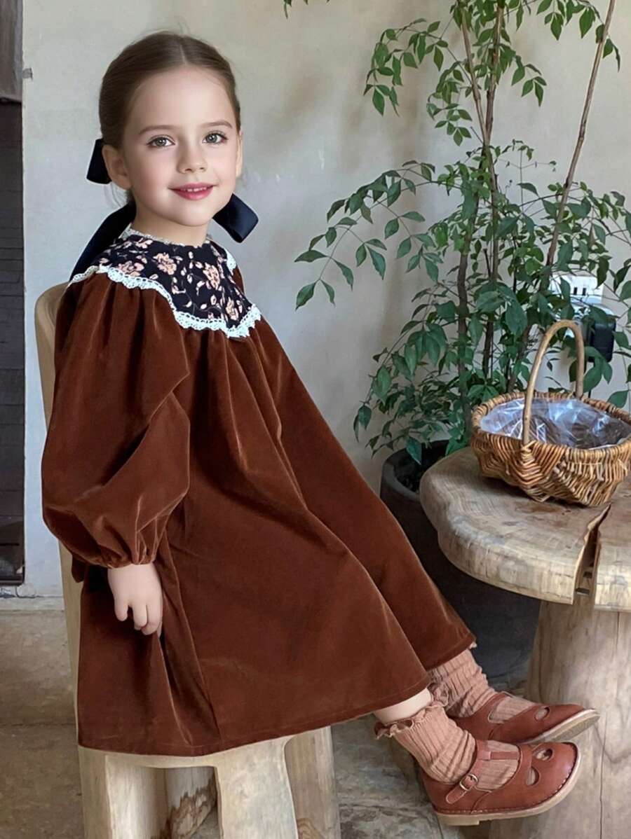 Young Girl Velvet Dress With College Style Design For Autumn - Coffee Brown - View 1