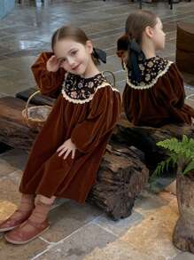 Young Girl Velvet Dress With College Style Design For Autumn - Coffee Brown - View 2