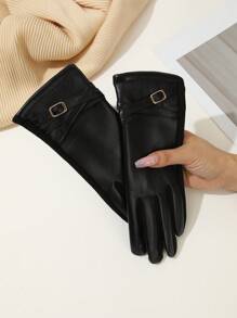 1pair Women's Black Soft Pu Gloves, Thickened Thermal Lined With Pu Braided Metal Accessory For Stylish Look And Warmth, Suitable For Various Occasions In Cold Winter, All-Match Style, Perfect For Winter - Black - View 1