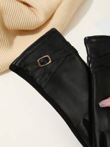 1pair Women's Black Soft Pu Gloves, Thickened Thermal Lined With Pu Braided Metal Accessory For Stylish Look And Warmth, Suitable For Various Occasions In Cold Winter, All-Match Style, Perfect For Winter - Black - View 2