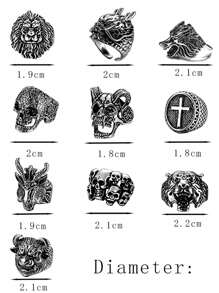 10pcs Punk Style Rings Set Including Skull, Wolf, Lion, Buddha Head Shaped Men's Rings - Antique Silver - View 2