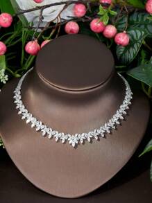1 Set Romantic Cubic Zirconia Leaf Decorated Jewelry Set, Perfect For Women's Graduation Ceremony - Silver - View 5