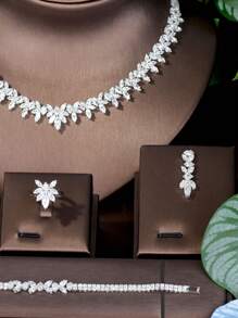 1 Set Romantic Cubic Zirconia Leaf Decorated Jewelry Set, Perfect For Women's Graduation Ceremony - Silver - View 4