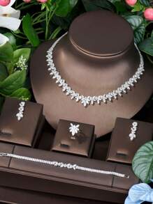 1 Set Romantic Cubic Zirconia Leaf Decorated Jewelry Set, Perfect For Women's Graduation Ceremony - Silver - View 3