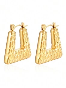 1pair Fashionable Retro Style Stainless Steel Earrings For Women, Perfect For Daily Wear In Autumn - Yellow Gold - View 8
