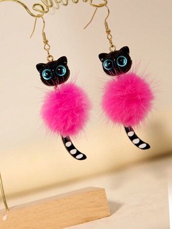 Plush Ball Animal 3D Black Cat Earrings, Cute Fun Realistic Exaggerated Vacation Earrings, Gift For Her, Gift For Teen Girls, Christmas, Unique Gift, Autumn/Winter, Christmas Gift, Valentine's Day Earrings, Valentine's Day Gift, Christmas Gift