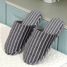 情侶款縱條紋圓頭防滑保暖家居拖鞋,適用於秋冬季節 - 藏蓝色 - 查看 1