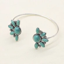 1入組左右對稱的蝴蝶形古銀&古銅掛綠松石開口手環,波西米亞風格女性珠寶