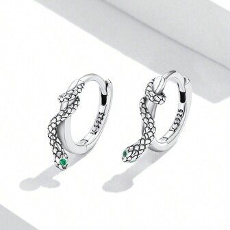 bamoer 1 Pair 925 Sterling Silver Snake Ear Buckles Inlaid With Green Zirconium Women Hoop Earrings Fine Jewelry Women Statement Gift