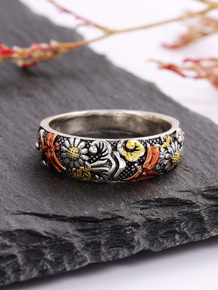 1 Nhẫn Chuồn Chuồn Cổ Điển & Nhẫn Chi Tiết Hoa Cho Nữ Để Trang Trí Hàng Ngày - Bạc - Xem 1