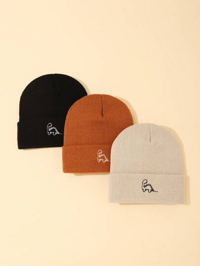 3入組嬰兒恐龍刺繡針織帽子