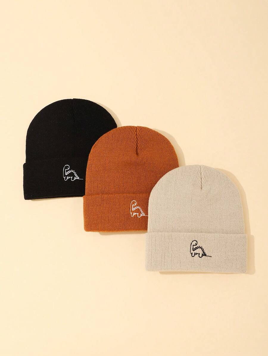 3pcs Baby Dinosaur Embroidery Knitted Hats - Multicolor - View 1