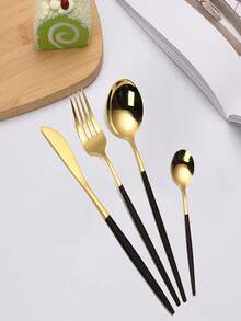 1入組不銹鋼西餐牛排刀叉匙及甜點匙-4件套裝 - 金色 - 查看 5