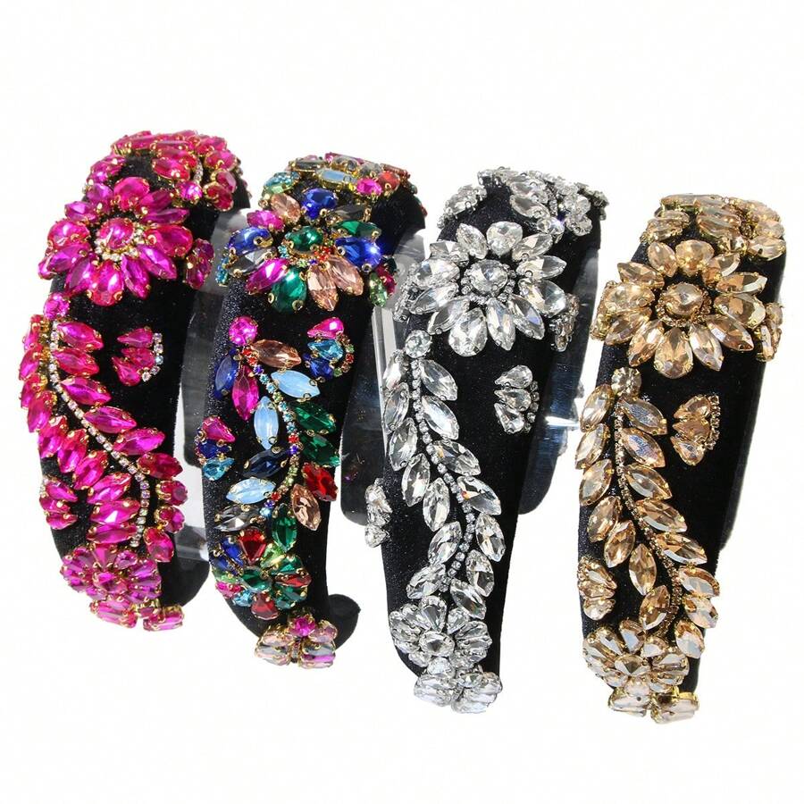 1pc Women's Colorful Baroque Full Diamond Decor Flower Design Fashionable High-end Rhinestone Hairband For Daily Use - colored diamonds - View 1