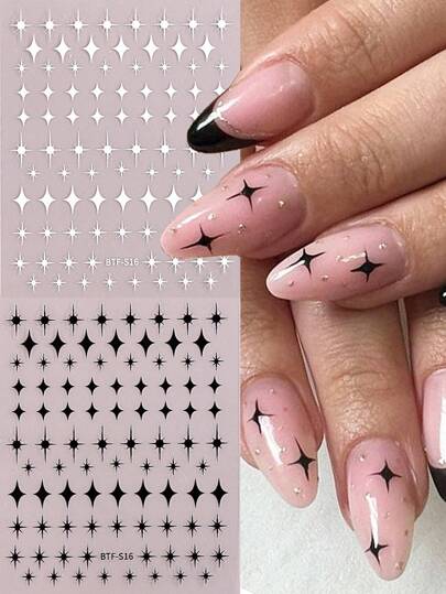 2pcs 3D Silver Stars Nail Stickers Y2K Nail Design Black Stars Decal Bronzing Sliders Chrome Effect Manicure Decoration DIY Nails