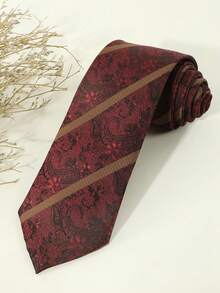 1pc Men's Casual Wine Red Necktie With Diagonal Striped & Paisley Pattern, Suitable For Party, Daily Wear - Burgundy - View 1