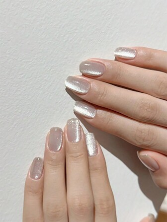 32 piezas de uñas postizas cuadradas cortas, calcomanías de ojos de gato de perla de vidrio blanco y plateado, 1 pieza de lima y 1 pieza de gel de gelatina incluidos en los suministros para uñas