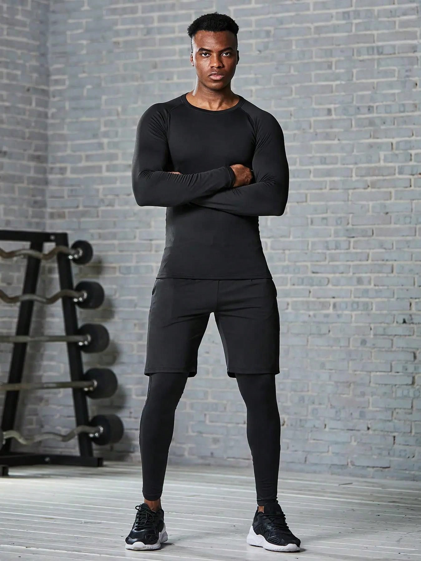 Men's Fleece Lined High Stretch Fitness Long Sleeve Sports Thermal T ...