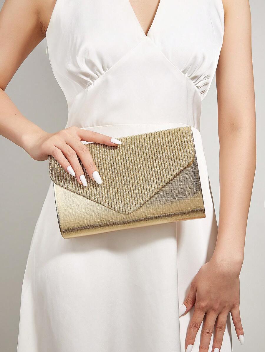 豪華晚宴包,晚禮包華麗,優雅,精緻,安靜的豪華pu和閃粉裝飾的女式手拿包,方形包袋,深褶飾紋,適用於女士,party女孩,新娘,適用於派對,婚禮,舞會,晚宴/宴會,最佳禮物給女人媽媽老師朋友伴郎 - 金色 - 查看 1