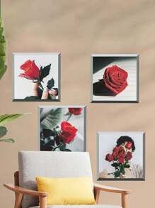 4入組盆栽插圖裝飾貼紙牆貼自粘pvc客廳牆貼 - 玫瑰紅 - 查看 1