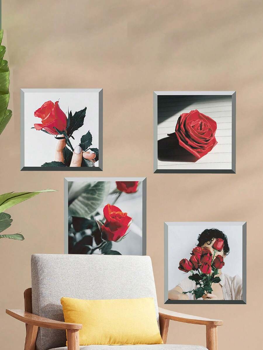 4入組盆栽插圖裝飾貼紙牆貼自粘pvc客廳牆貼 - 玫瑰紅 - 查看 1