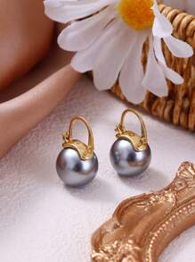 1 對法式鈦鋼奢華耳環,珍珠母貝和黑珍珠,設計獨特,復古風格,適合女士日常佩戴 - 深灰色 - 查看 12