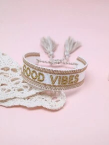 1 件刺繡字母和手工編織手鍊 - 金色 - 查看 3