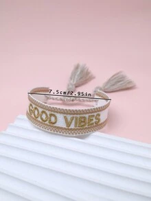 1 件刺繡字母和手工編織手鍊 - 金色 - 查看 5